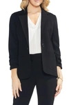 Vince Camuto Petite Ruched-sleeve Ponte-knit Blazer In Rich Black