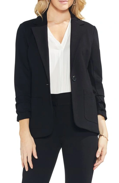 Vince Camuto Petite Ruched-sleeve Ponte-knit Blazer In Rich Black