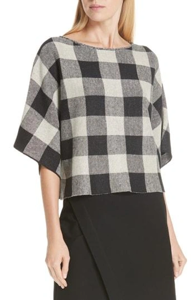 Eileen Fisher 3/4-sleeve Linen Checkerboard Sweater In Black