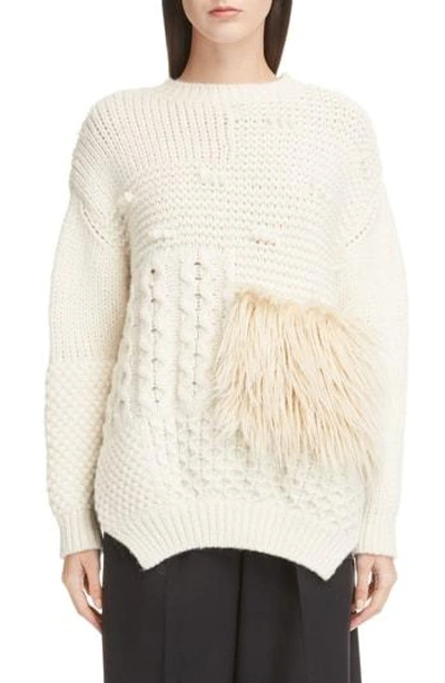 Simone Rocha Round-neck Alpaca-blend Cable-knit Sweater W/ Faux-fur Patch In Cream/cream