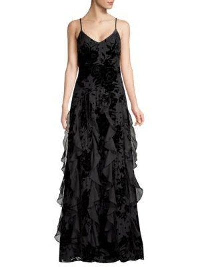 Parker Black Equinox Velvet Flower Cascade Gown Dress In Black