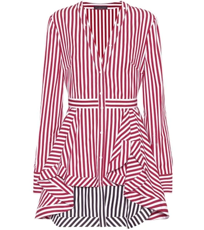 Alexander Mcqueen V-neck Button-front Long-sleeve Striped Cotton Mini Dress W/ Contrast Hem In Burgundy/white
