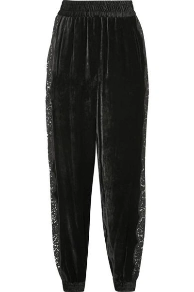 Stella Mccartney Lace-trimmed Velvet Track Trousers In Black
