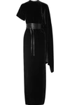 A.W.A.K.E. DRAPED ASYMMETRIC VELVET MAXI DRESS