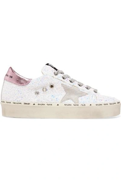Golden Goose Hi Star Distressed Glittered Leather Sneakers In Pink And White