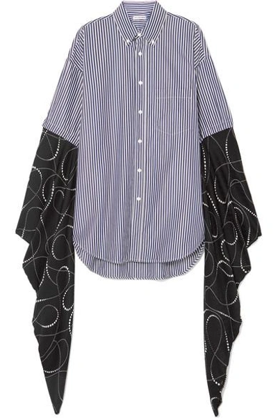 Balenciaga Oversized Striped Cotton-poplin And Printed Silk-georgette Shirt In Dark Blue