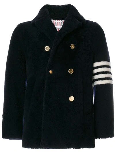 Thom Browne Unconstructed Classic Shearling Peacoat In Blue