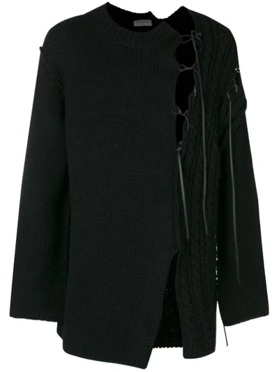 Yohji Yamamoto 黑色皮绳圆领毛衣 In Black