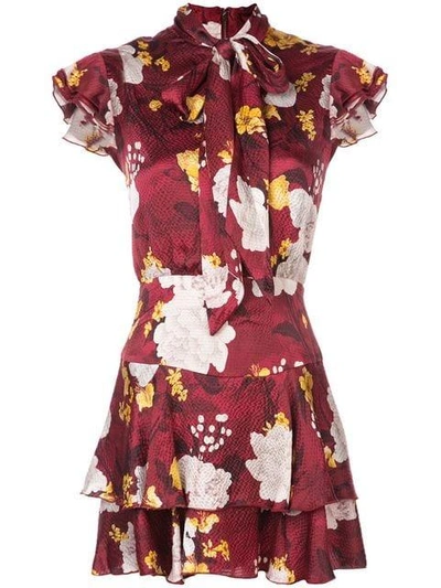 Alice And Olivia Floral Print Tie Neck Dress In Red