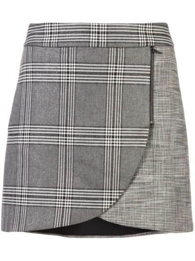 Alice And Olivia Lennon Colourblock Plaid Draped Mini Skirt In Grey Black