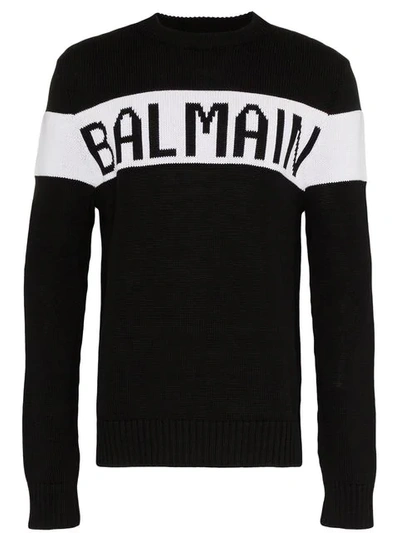 Balmain Black Intarsia Logo Crewneck Sweater In Noir Blanc
