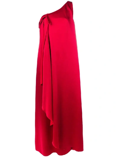 Valentino One-shoulder Hammered Satin Gown W/ Draped Front In Red
