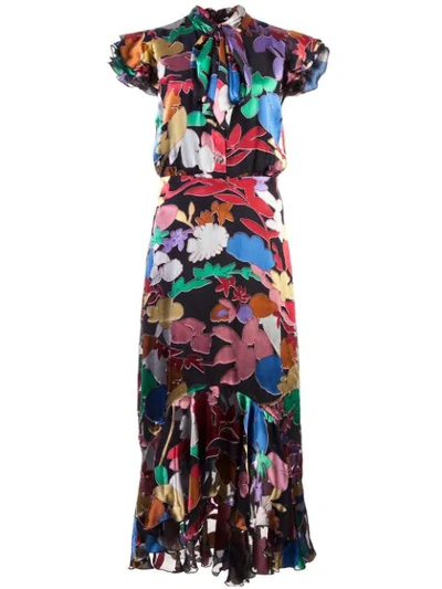 Alice And Olivia Lessie Floral Tie-neck Flounce Dress In Black