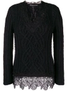 ERMANNO SCERVINO ERMANNO SCERVINO LACE TRIM CABLE KNIT SWEATER - BLACK