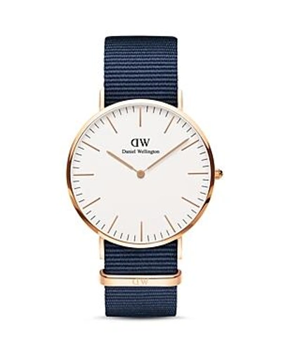 Daniel Wellington 36mm Classic Bayswater Watch W/ Nylon Strap In Blue/ White/ Rose Gold