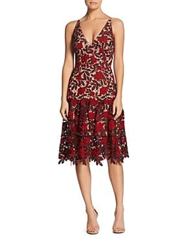 Dress The Population Lily Plunge Lace Fit & Flare Dress In Garnet/ Nude