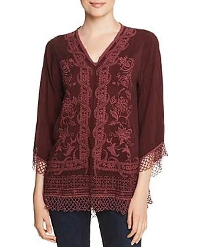 Johnny Was Assic V-neck Top With Lace Trim In Merlot