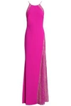 BADGLEY MISCHKA WOMAN FLUTED LACE-PANELED CREPE GOWN MAGENTA,US 1050808768892