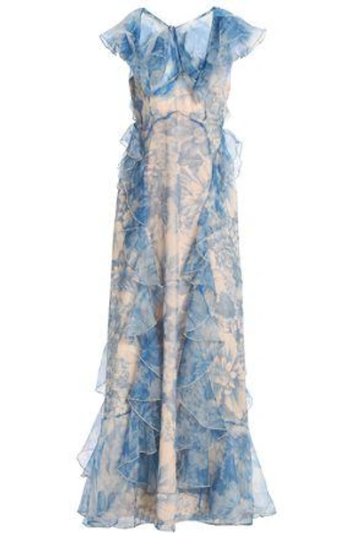 Alice Mccall Ruffled Floral-print Silk-organza Gown In Light Blue