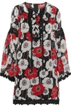 ANNA SUI ANNA SUI WOMAN LACE-UP GUIPURE LACE-TRIMMED FLORAL-PRINT CHIFFON DRESS BLACK,3074457345619231776