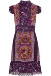 ANNA SUI LACE-TRIMMED PRINTED SILK CREPE DE CHINE DRESS,3074457345619002245