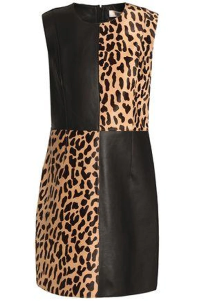 Diane Von Furstenberg Woman Leather And Leopard-print Calf Hair Mini Dress Animal Print In Black