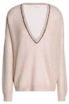 BRUNELLO CUCINELLI WOMAN BEAD-EMBELLISHED RIBBED- KNIT SWEATER PASTEL PINK,US 1016843419902295