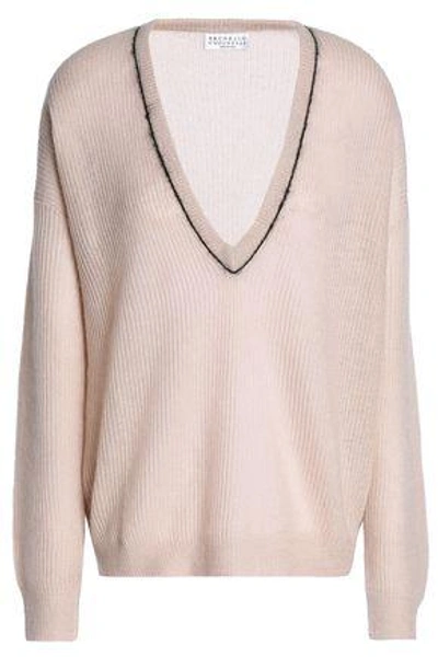 Brunello Cucinelli Woman Bead-embellished Ribbed- Knit Jumper Pastel Pink