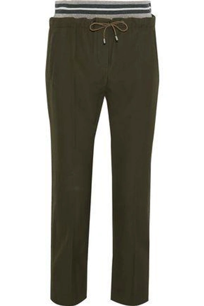 Brunello Cucinelli Woman Cropped Wool And Cotton-blend Track Trousers Army Green