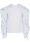 ANTONIO BERARDI WOMAN LACE-UP RUFFLED COTTON-BLEND POPLIN TOP SKY BLUE,AU 4230358016566102