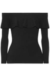 MICHAEL KORS MICHAEL KORS COLLECTION WOMAN OFF-THE-SHOULDER RUFFLED STRETCH-KNIT TOP BLACK,3074457345618937042