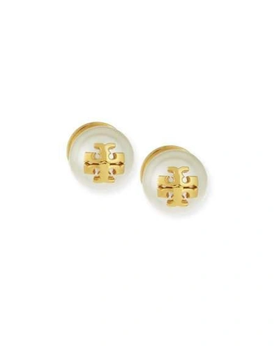 Tory Burch Pearly Logo Stud Earrings In White/gold