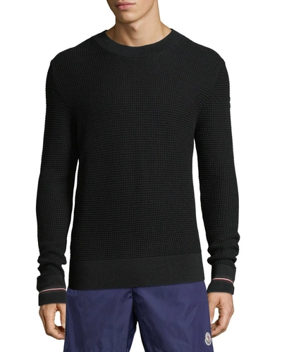 Moncler Men's Waffle-knit Crewneck Pullover Sweater In Black
