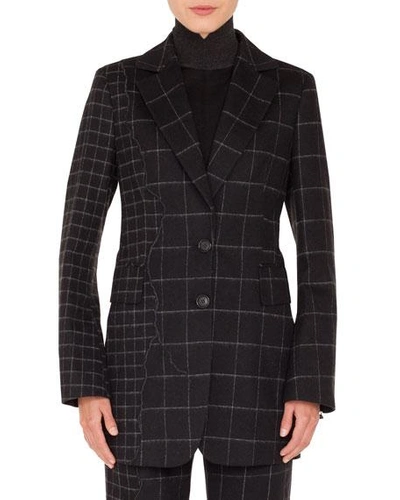 Akris Selia Two-button Marble Tiles Patchwork Flannel Wool Long Jacket In Slate