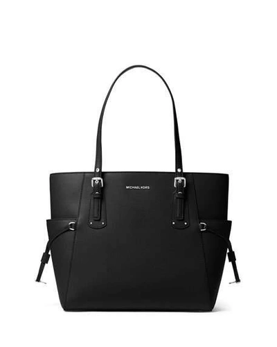 Michael Michael Kors Voyager E/w Signature Saffiano Tote Bag - Silvertone Hardware In Black