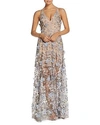 Dress The Population Sidney Deep V-neck 3d Lace Gown In Mineral Blue