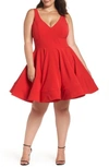 Mac Duggal Plus Size Sleeveless V-neck Fit-and-flare Dress W/ Pockets In Red