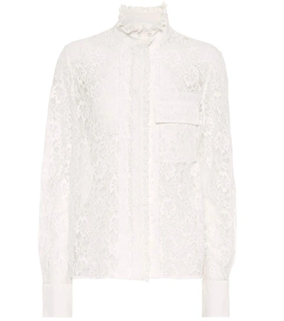 Chloé Long-sleeve Mock-neck Button-front Floral-lace Blouse In Iconic Milk