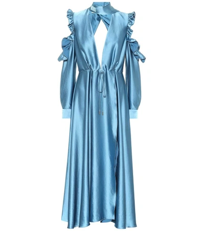 Off-white Ruffled Satin Midi Dress In Blue