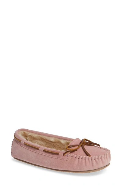 Minnetonka Petra Trapper Faux Fur Lined Moccasin In Blush Pink Suede