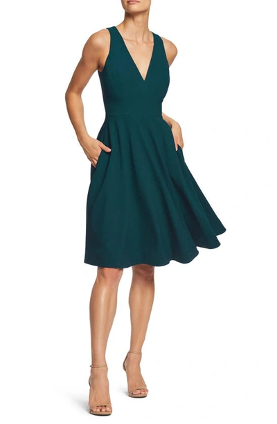 Dress The Population Alicia Womens Crepe Lace Hem Fit & Flare Dress In Pine