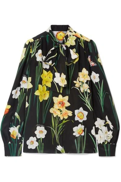 Dolce & Gabbana Pussy-bow Floral-print Silk Crepe De Chine Blouse In Black