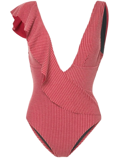 Duskii Bella Striped Ruffle Swimsuit In Red