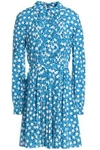 VALENTINO WOMAN PLEATED PRINTED SILK CREPE DE CHINE MINI SHIRTDRESS AZURE,GB 6200568457266244