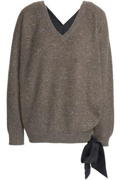 Brunello Cucinelli Woman Satin-trimmed Marled Ribbed Cashmere-blend Jumper Taupe