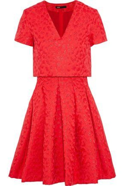 Maje Roleo Pleated Metallic Jacquard Dress In Red