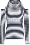 BAILEY44 BAILEY 44 WOMAN STADIUM COLD-SHOULDER STRIPED POINTELLE-KNIT SWEATER STORM BLUE,3074457345619324306