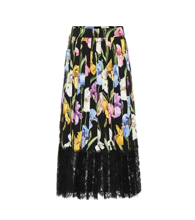 Dolce & Gabbana Iris-print Silk-blend Charmeuse Skirt In Black