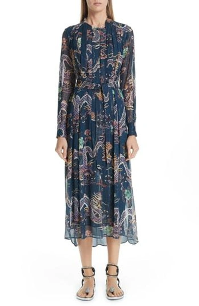 Isabel Marant Long-sleeve Dragon-print Metallic-silk Midi Dress In Dark Blue