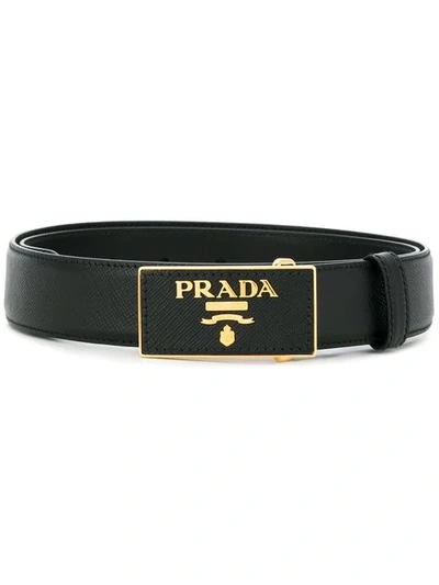 Prada Square Logo Plate Saffiano Leather Belt In Black